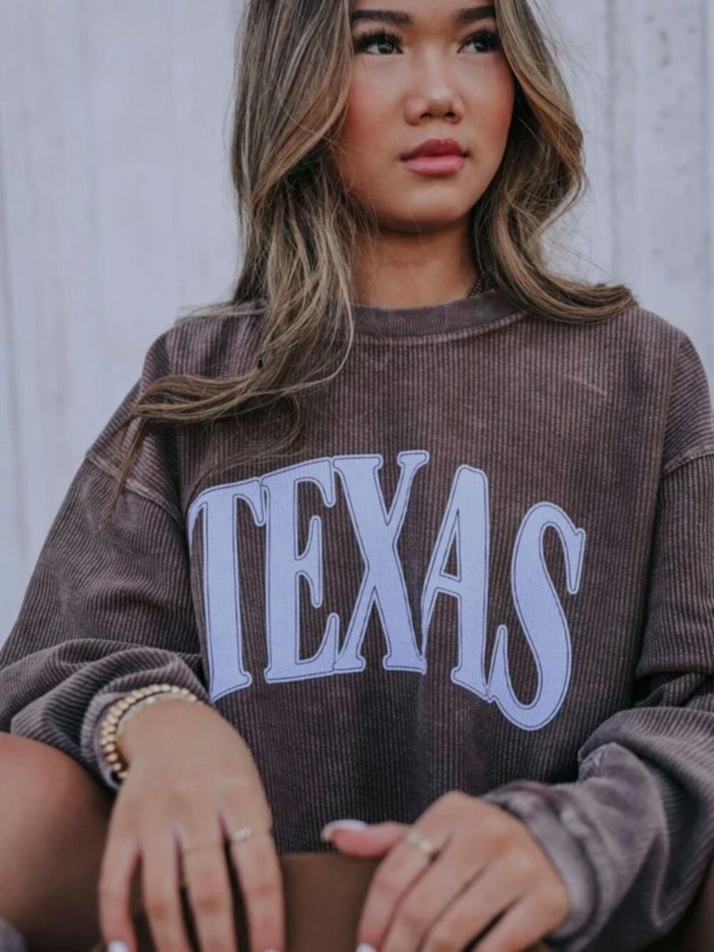 Chicka-D Texas Corded Sweatshirt Women's Large Chocolate Brown Blue Ribbed L